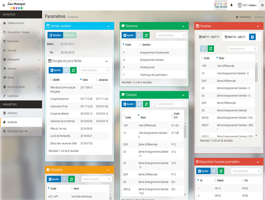 SchoolManager paramètres scolaires